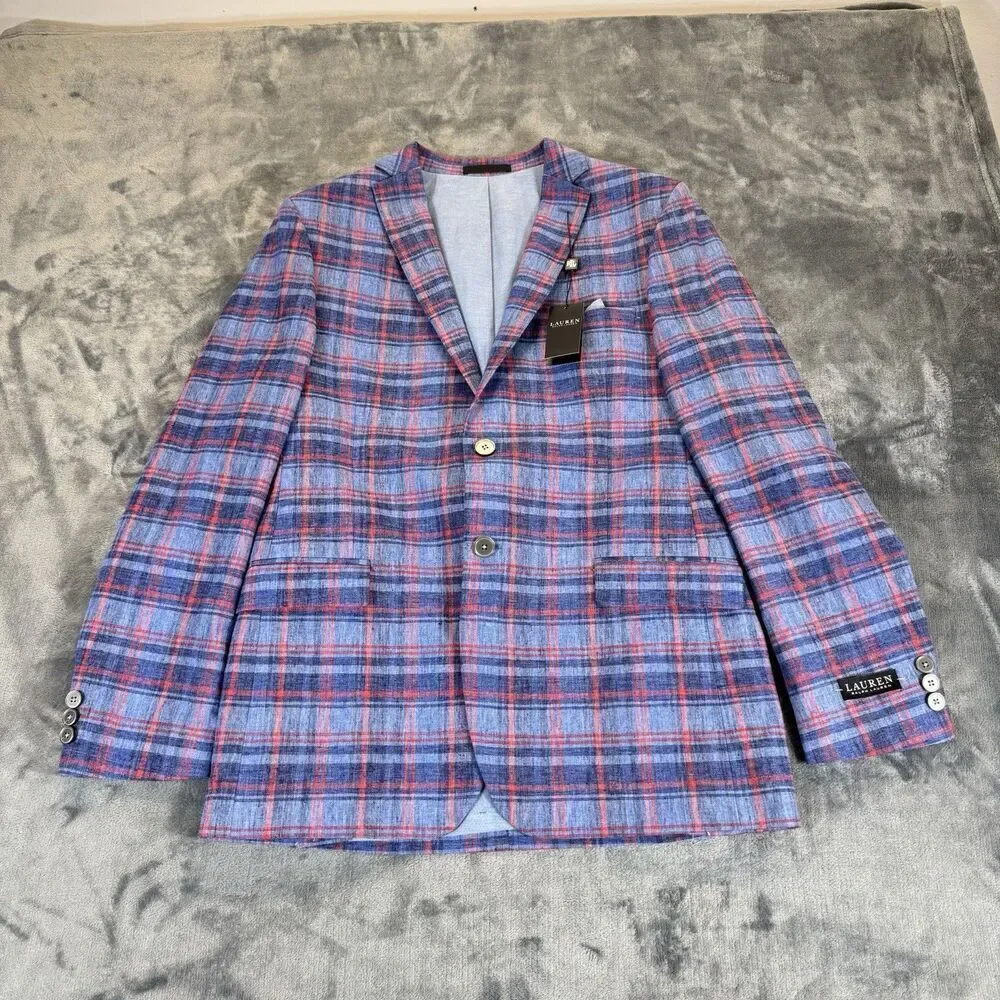 LAUREN RALPH LAUREN Boy 20R Bloxbury Blue Red Plaid Sport Coat Blazer Linen Blen